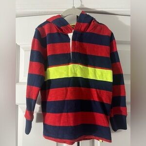 Mini Boden Red Navy Striped Hoodie with Yellow Accent Hooded Rugby 4-5Y 💯 Cotton